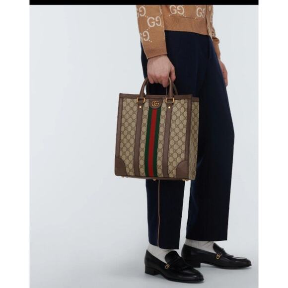 Gucci Ophidia Large Tote Bag Beige and Ebony GG Supreme Canvas with Leather Trim - Picture 2 of 16